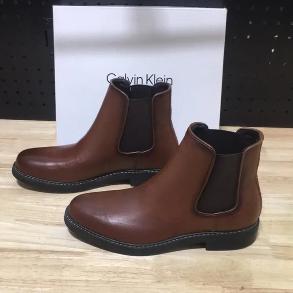 New WB Calvin Klein Men's Brown Leather Boots - Picture 3 of 6